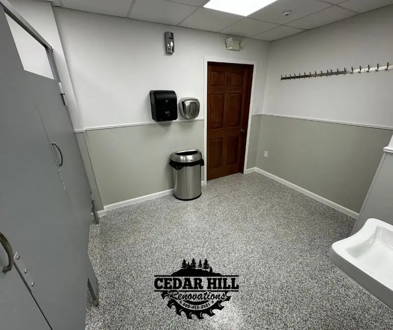 Polyaspartic flake floor in a commercial restroom in Keytesville, MO