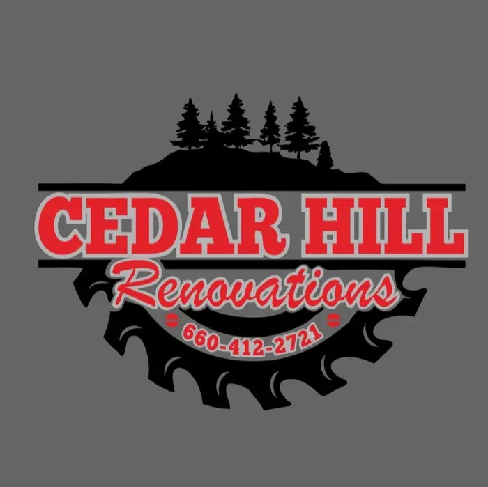 Cedar Hill Renovations logo: pine trees on a hill over a saw blade